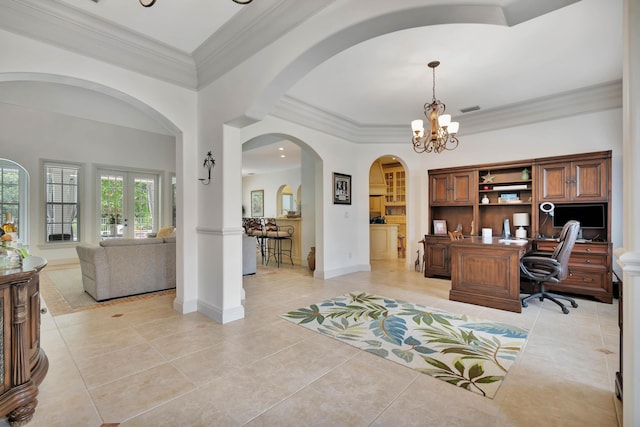 home office with a chandelier, light tile patterned flooring, visible vents, baseboards, and ornamental molding