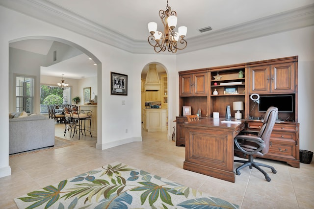 tiled home office with crown molding and a notable chandelier