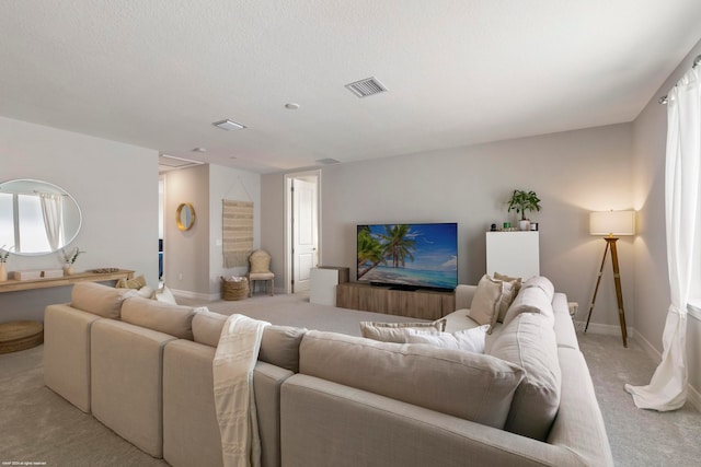 living room with a textured ceiling and light colored carpet