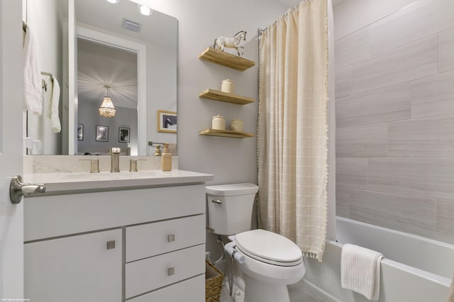 bathroom featuring toilet, shower / bathtub combination with curtain, visible vents, and vanity