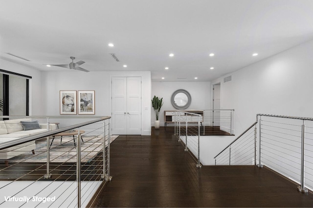 kitchen featuring recessed lighting, wood finished floors, visible vents, and ceiling fan