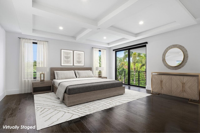 bedroom with access to outside, coffered ceiling, wood-type flooring, and beamed ceiling