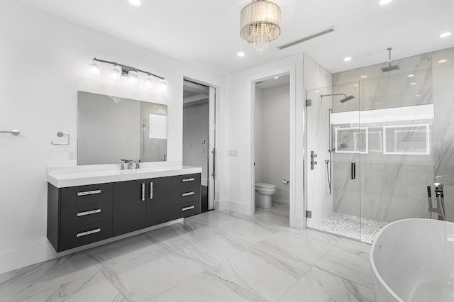 full bath featuring a shower stall, marble finish floor, toilet, and visible vents