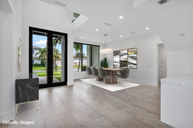 dining area with recessed lighting, visible vents, baseboards, and french doors