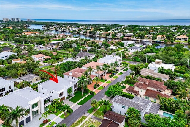 drone / aerial view featuring a water view