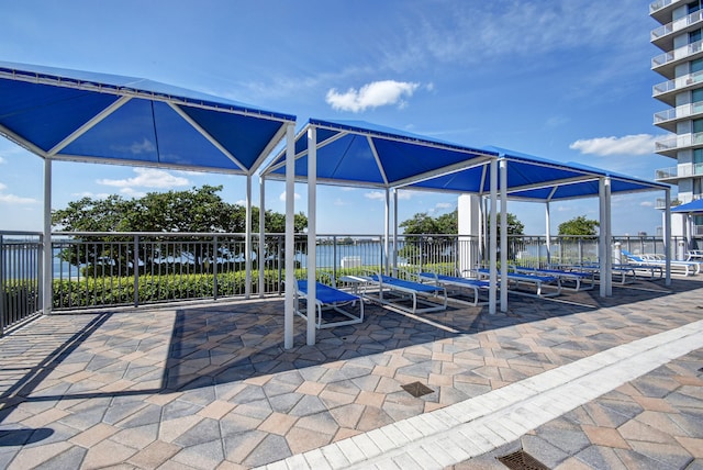 view of patio / terrace featuring a water view