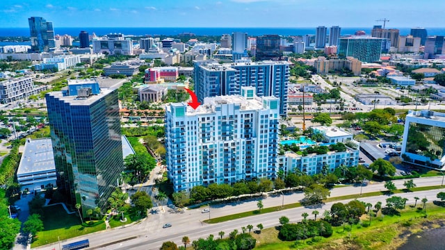 bird's eye view with a city view and a water view