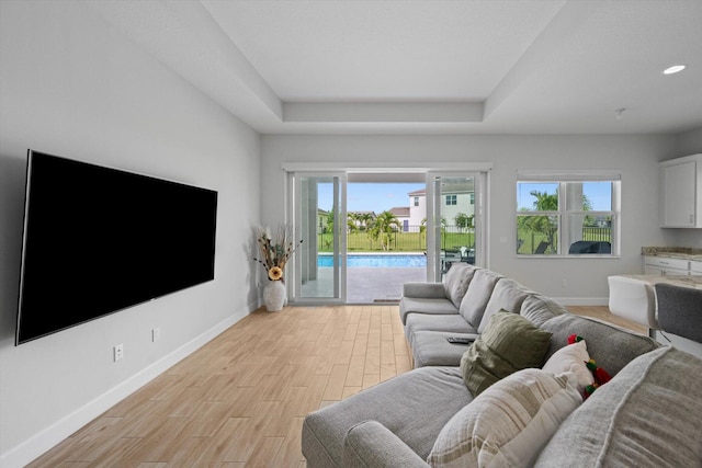 living room with a tray ceiling