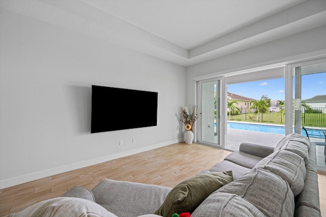 living room featuring light hardwood / wood-style floors and a raised ceiling