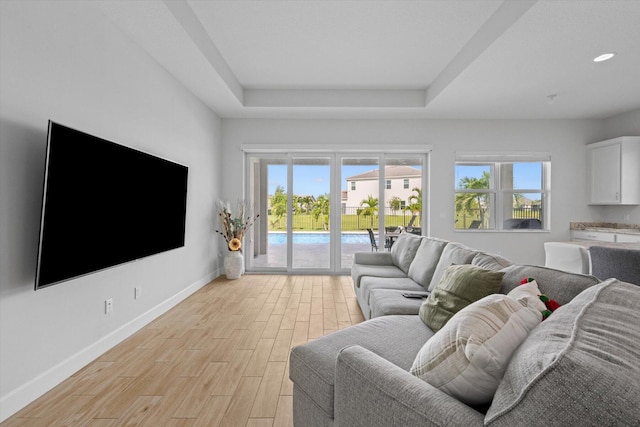 living room featuring a raised ceiling