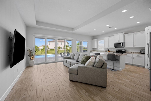 living room featuring a raised ceiling