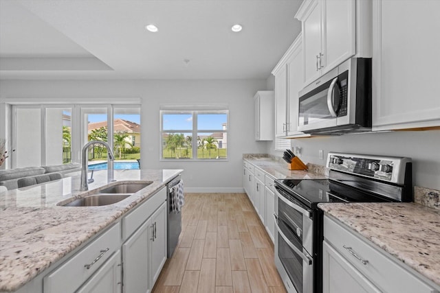 kitchen featuring light stone countertops, sink, stainless steel appliances, and white cabinetry