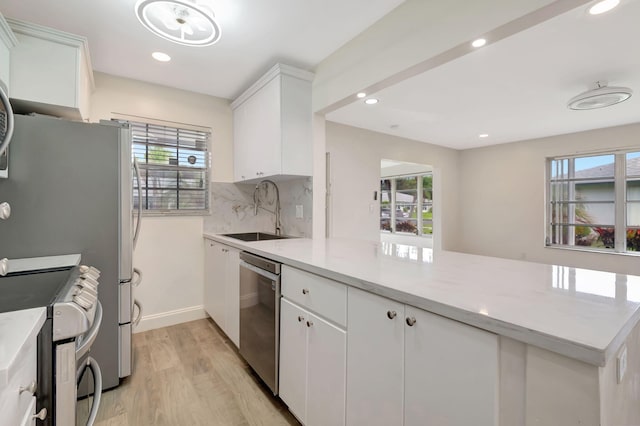 kitchen with sink, light hardwood / wood-style flooring, stainless steel dishwasher, and a wealth of natural light