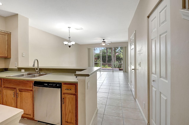 kitchen with ceiling fan with notable chandelier, light tile patterned floors, sink, hanging light fixtures, and stainless steel dishwasher