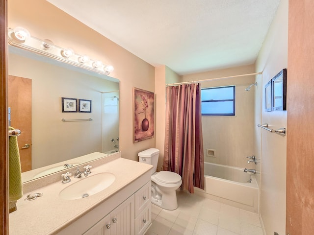 full bathroom featuring tile patterned floors, shower / bath combo, toilet, and vanity