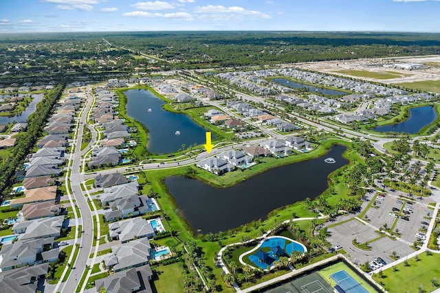 drone / aerial view featuring a water view