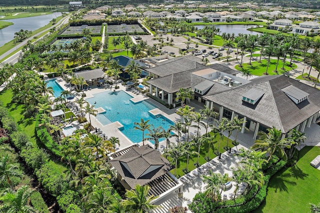 birds eye view of property featuring a water view