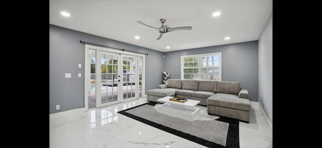6785 Escondida Dr, Lake Clarke Shores, FL 33406 - living room featuring french doors, marble finish floor, recessed lighting, a ceiling fan, and baseboards