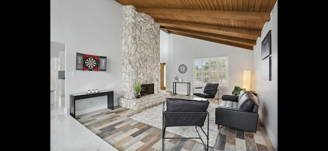 6785 Escondida Dr, Lake Clarke Shores, FL 33406 - living area featuring wood ceiling, high vaulted ceiling, baseboards, a stone fireplace, and beamed ceiling