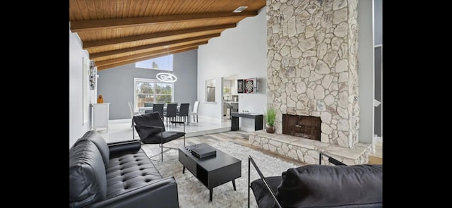 6785 Escondida Dr, Lake Clarke Shores, FL 33406 - living area featuring a notable chandelier, wooden ceiling, wood finished floors, a fireplace, and vaulted ceiling with beams