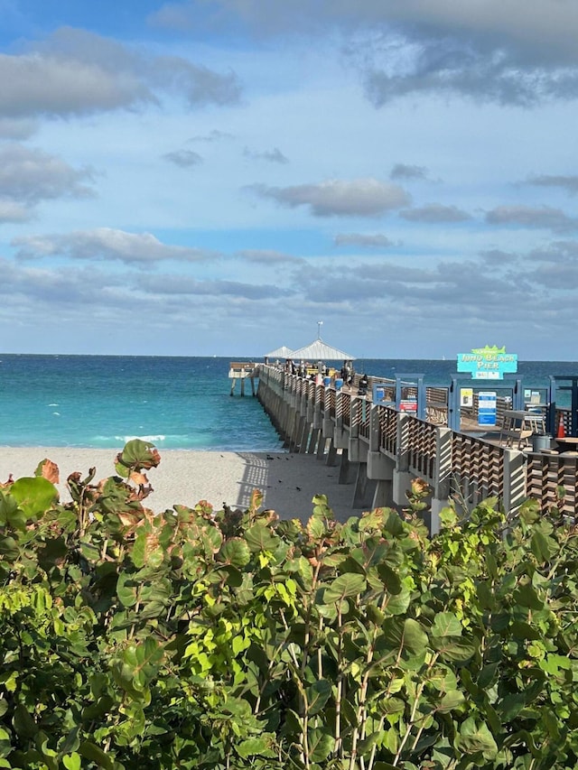 view of dock with a beach view and a water view