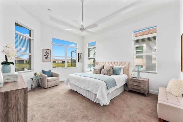 bedroom featuring ceiling fan, a tray ceiling, and carpet