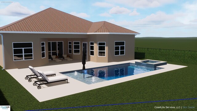 view of pool with an in ground hot tub, a patio, and a yard