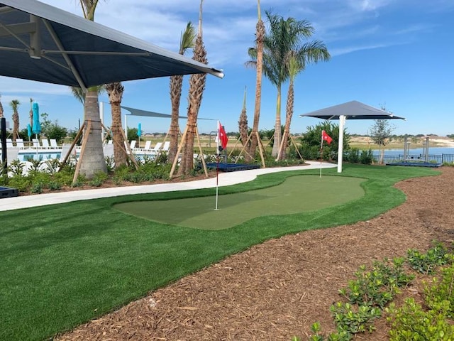 view of property's community featuring a swimming pool and a water view