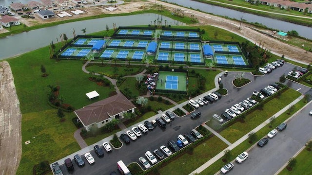 bird's eye view with a water view