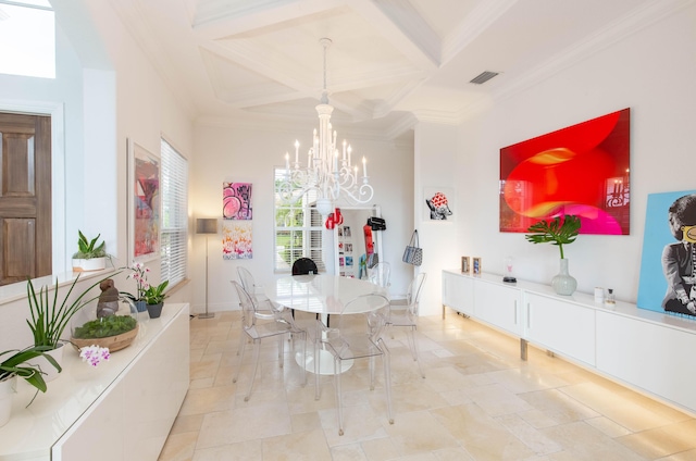 dining room featuring beam ceiling, crown molding, visible vents, an inviting chandelier, and coffered ceiling