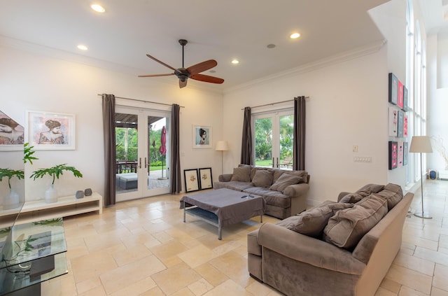 living area with recessed lighting, a ceiling fan, crown molding, and french doors