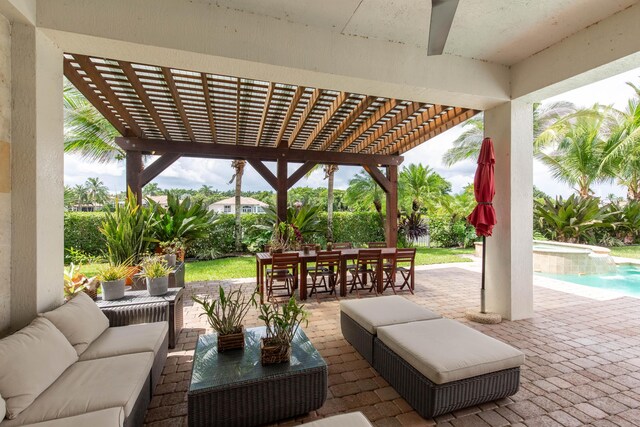 view of patio / terrace with a pergola and outdoor lounge area