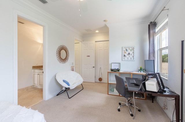 home office with baseboards, ornamental molding, and light colored carpet