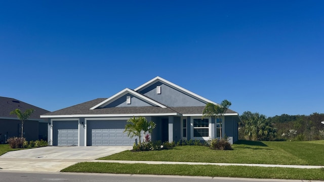 5483 Lugo St, Fort Pierce, FL 34951 - ranch-style house featuring a garage, a front yard, concrete driveway, stucco siding, and roof with shingles