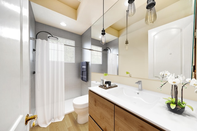 bathroom with hardwood / wood-style flooring, vanity, curtained shower, and toilet