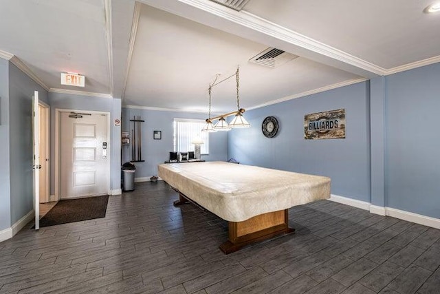 playroom featuring billiards, ornamental molding, beamed ceiling, and dark hardwood / wood-style floors