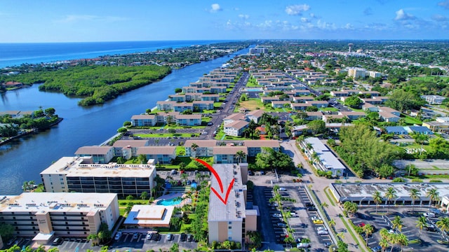 drone / aerial view featuring a water view