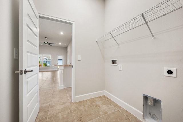 washroom featuring washer hookup, ceiling fan, hookup for an electric dryer, and light tile patterned flooring