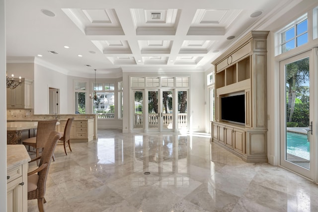 interior space with crown molding, coffered ceiling, light tile patterned floors, and a chandelier