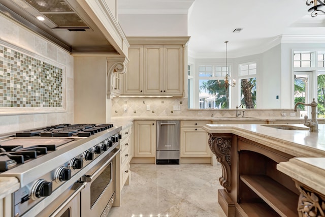 kitchen with pendant lighting, double oven range, cream cabinetry, decorative backsplash, and custom exhaust hood