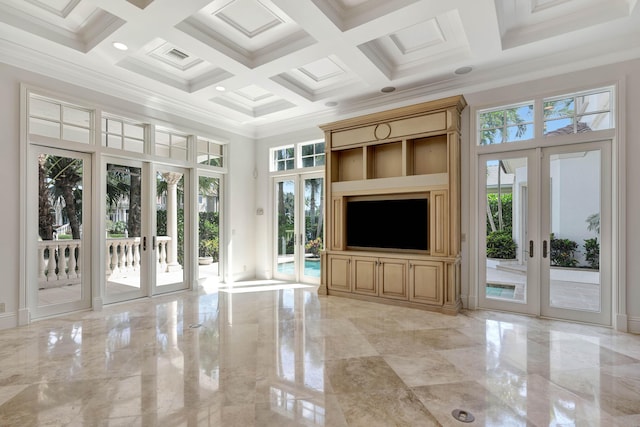 unfurnished sunroom with coffered ceiling, beam ceiling, visible vents, and french doors