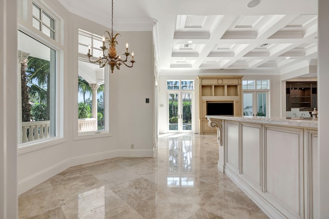 interior space with pendant lighting, coffered ceiling, ornamental molding, an inviting chandelier, and light tile patterned flooring