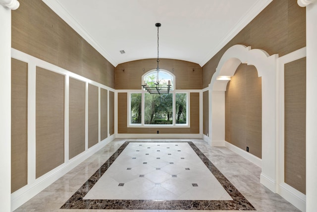 hallway featuring ornamental molding, vaulted ceiling, a chandelier, and light tile patterned floors