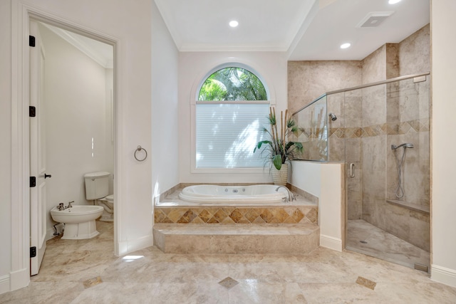 bathroom with tile patterned floors, toilet, shower with separate bathtub, a bidet, and ornamental molding