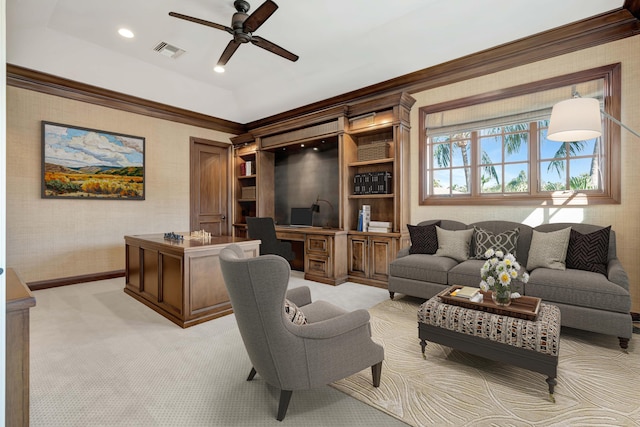 living room featuring a ceiling fan, crown molding, visible vents, baseboards, and light colored carpet