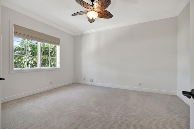 carpeted spare room with ceiling fan and ornamental molding