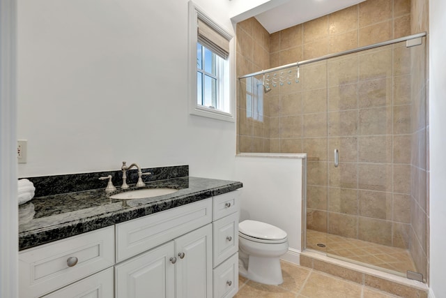 bathroom featuring a stall shower, tile patterned flooring, vanity, and toilet