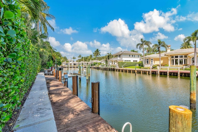 view of dock with a water view and a residential view