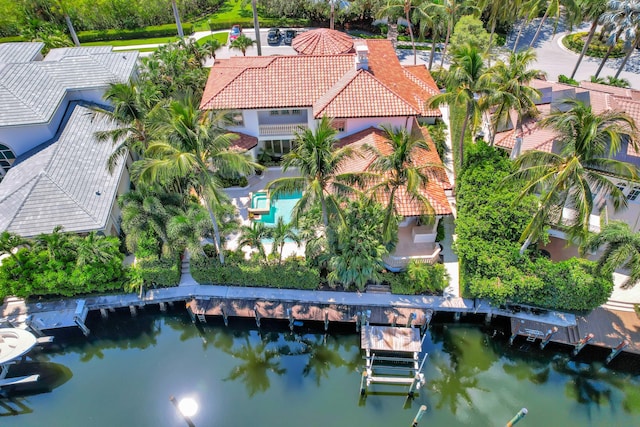 drone / aerial view featuring a water view