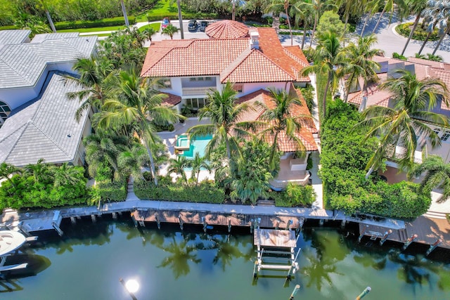 bird's eye view with a water view